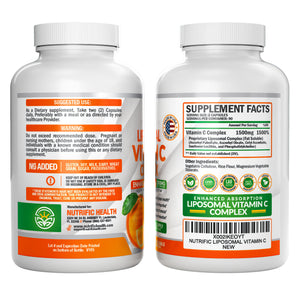 Liposomal Vitamin C Complex - 180 Veggie Capsules - Maximum Strength 1500mg Per Serving